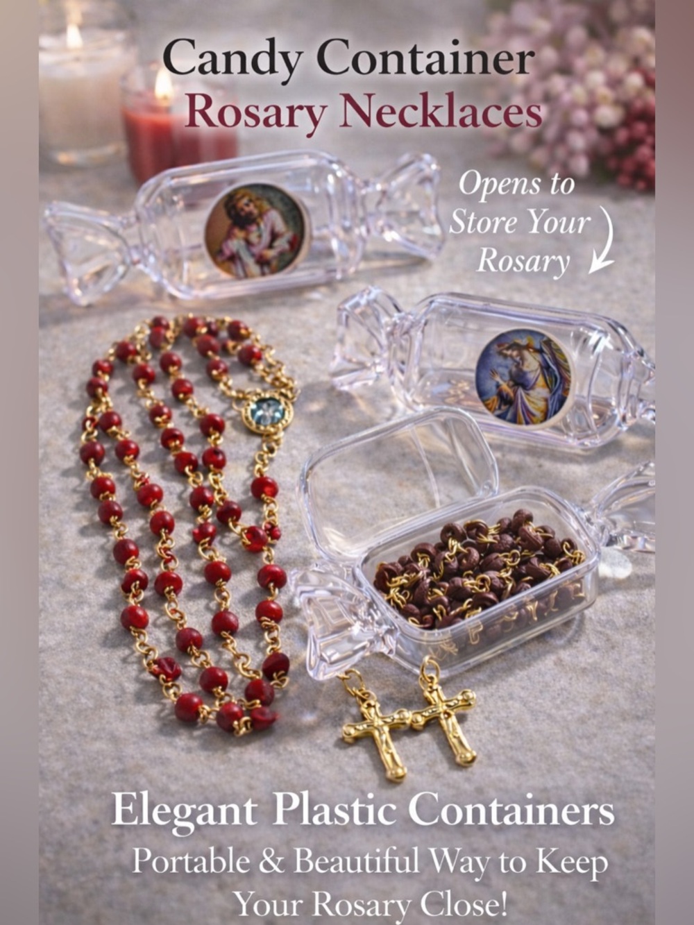 Rosary Necklace with Red Beads and Gold Accents